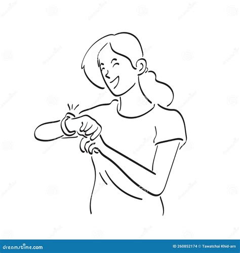 Line Art Happy Woman Holding Hand With Wrist Watch Illustration Vector