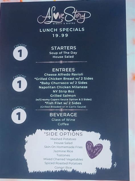 Menu at A Love Story Winery & Bistro restaurant, Miami