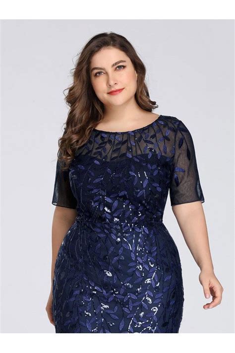 Navy Blue Plus Size Mermaid Evening Dress With Sequined Short Sleeves