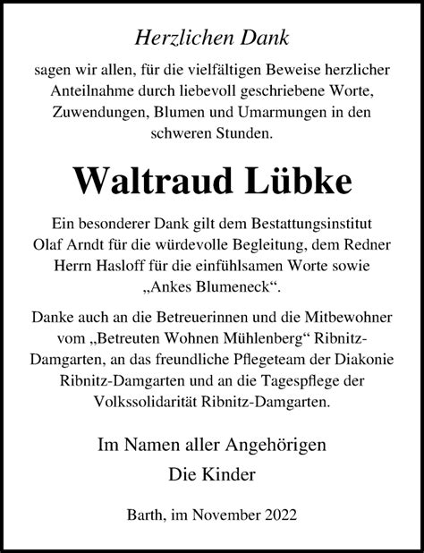 Traueranzeigen von Waltraud Lübke trauer anzeigen de