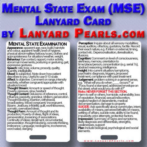 Mental State Exam Mse Medical Lanyard Reference Card Not Mmse Ebay