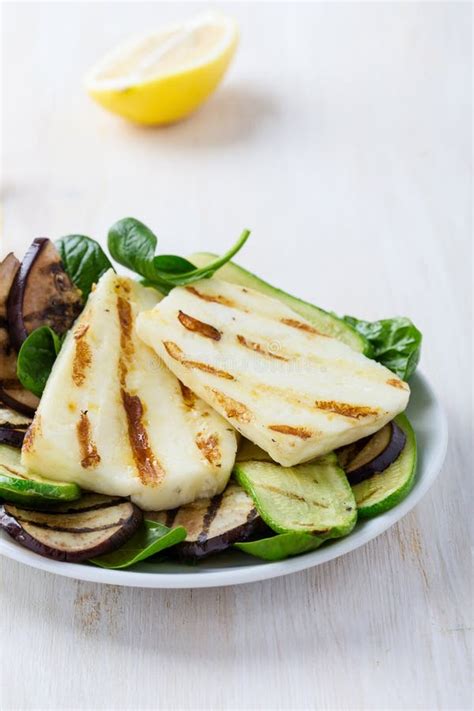 Grilled Halloumi Salad With Eggplant And Zucchini Stock Photo Image