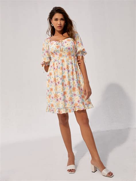 Floral Print Puffed Sleeve Dress Yellow Pomelo Fashion