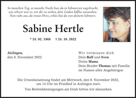 Traueranzeigen Von Sabine Hertle Augsburger Allgemeine Zeitung