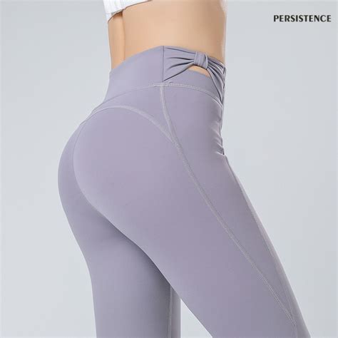 New Yoga Exercise Workout Pants Nude Feel High Waist Bow Brocade Double