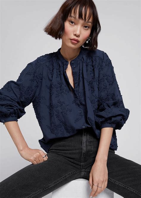 And Other Stories Voluminous Stand Collar Blouse In Dark Blue Floral