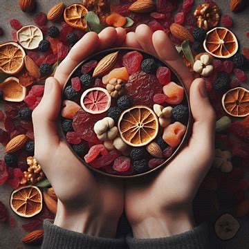 Hands Holding A Circular Dried Fruit And Nut Mix Background Dried