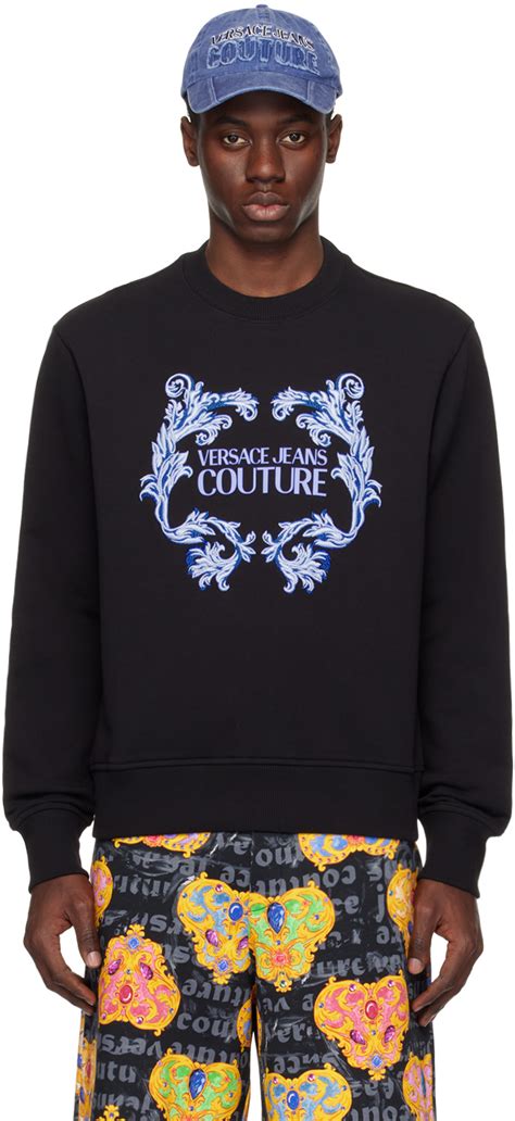 Pull molletonné noir à logo à motif baroque Versace Jeans Couture en solde