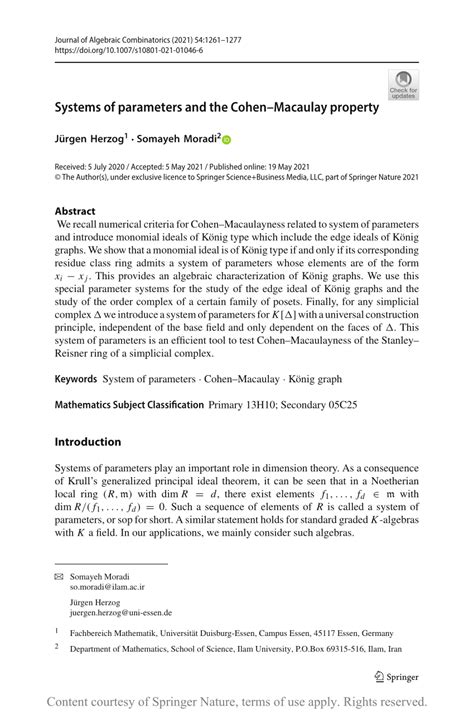 Systems Of Parameters And The CohenMacaulay Property Request PDF