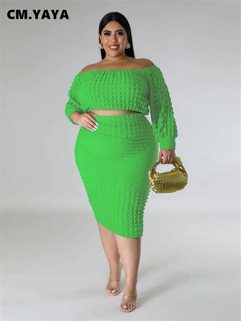 Cm Yaya Plus Size Women Stretch Bodycon Midi Skirt Set And Off Shoulder