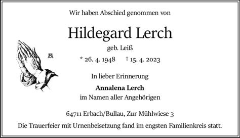 Traueranzeigen Von Hildegard Lerch Vrm Trauer De