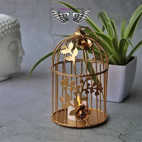 Buy Urban Wings Golden Metal Bird Cage Tea Light Holder With Flower