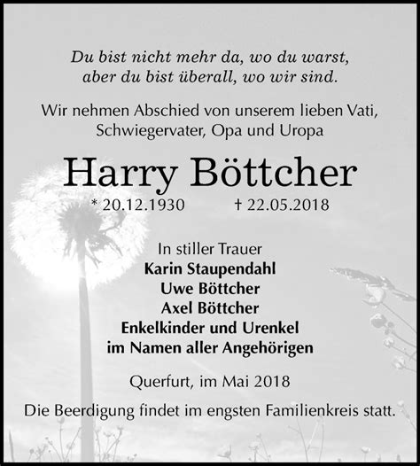 Traueranzeigen von Harry Böttcher abschied nehmen de