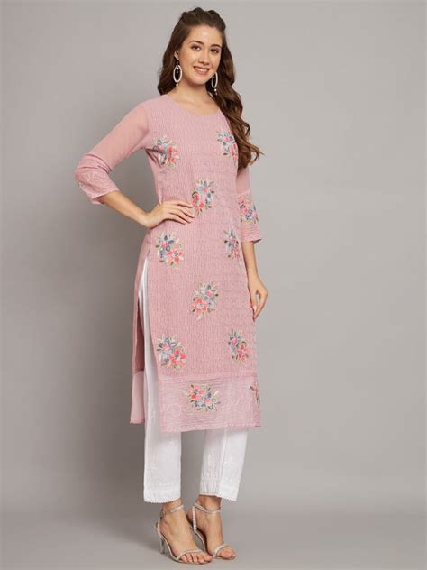 LATEST GEORGETTE CHICKENKARI WORK ONLY KURTI PINK Ethnicgarment