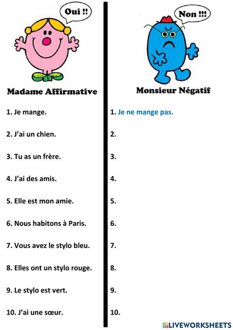 Négation NE PAS worksheet French For Dummies French For Beginners