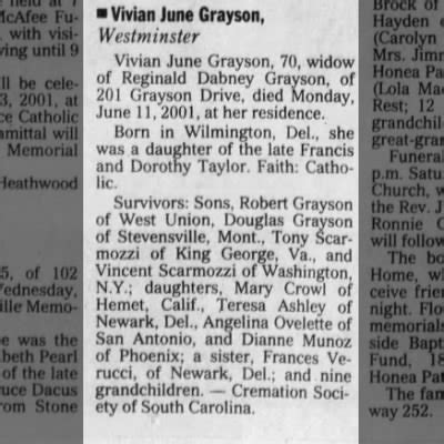 Obituary For Vivian June Grayson Aged Newspapers