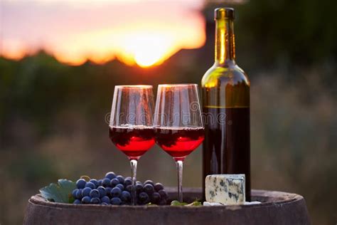 Two Glasses Of Red Wine In The Vineyard At Sunset Stock Photo Image