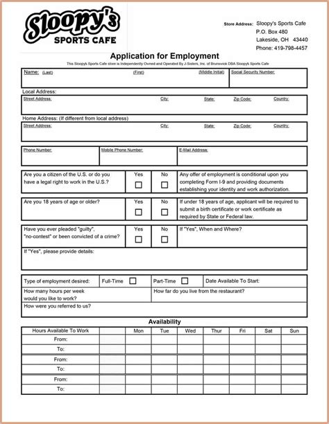 Printable Job Applications For Restaurants