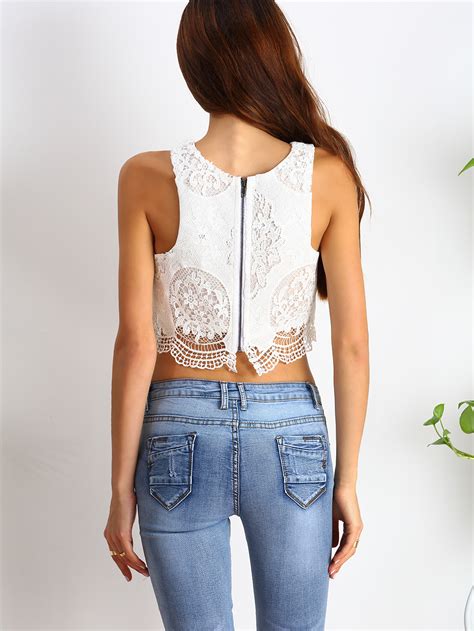 White Round Neck Crochet Lace Tank Top SheIn Sheinside