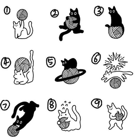 Black And White Images Of Cats Playing With Balls Of Yarn On A White