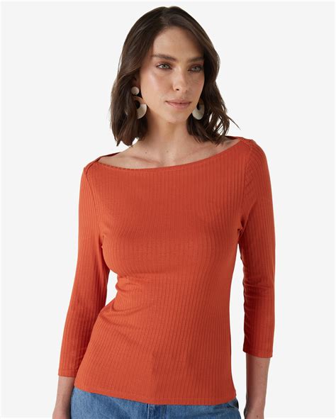 Riachuelo Blusa Feminina Ampla Manga Malha Canelada Laranja Telha