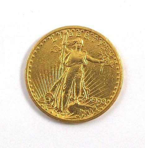 Lot - U.S. TWENTY DOLLAR GOLD COIN, St. Gaudens type,