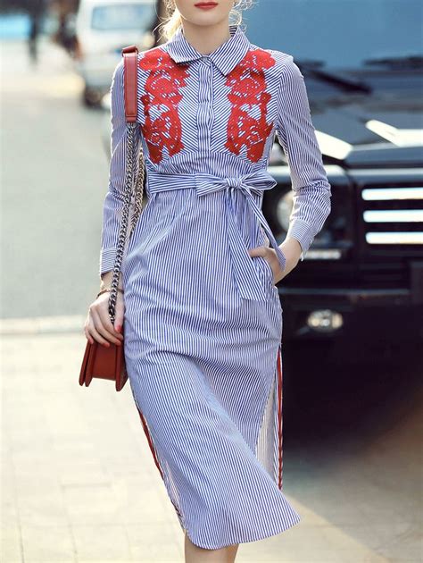 Blue Lapel Long Sleeve Tie Waist Pockets Embroidered Striped Dress