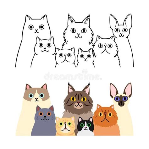 Funny cartoon cats group set. Set of funny cute cartoon cats group, with and without colors ...