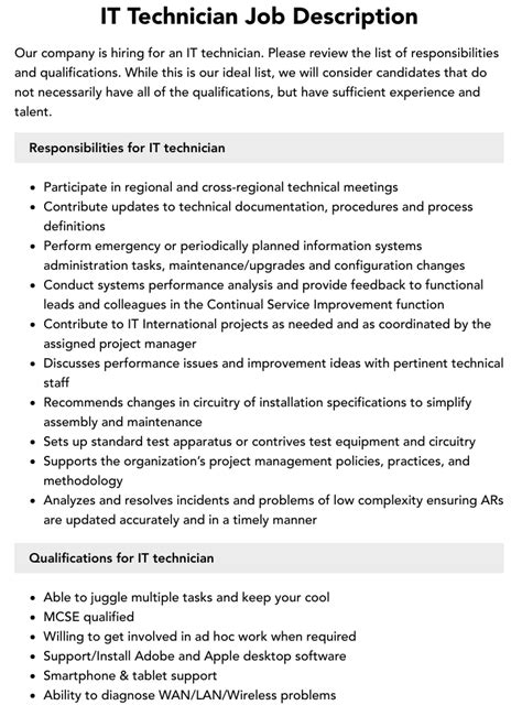 It Technician Job Description Velvet Jobs