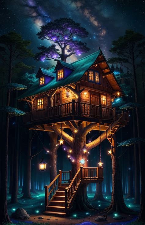 A Mystical Tree House That Comes Alive Under A Starry Night By