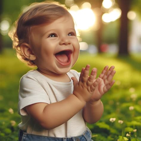 Un niño alegre de un año aplaudiendo en un parque soleado a principios