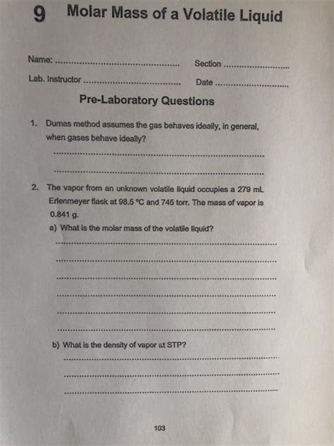 Solved 9 Molar Mass Of A Volatile Liquid Name Section Lab