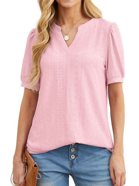 Jwd Womens Shirts Casual V Neck Tshirts Puff Short Sleeve Summer Tops Tunic Blouses Pink S