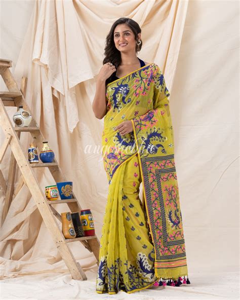 Traditional Lemon Soft Dhakai Jamdani Saree Angoshobha