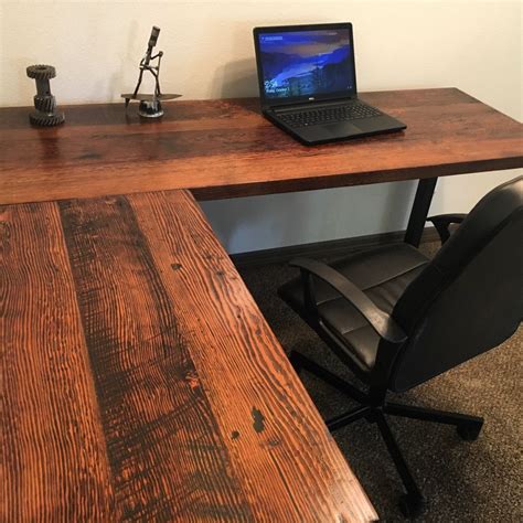 L-shaped Desk. Reclaimed wood desk. Wood and steel desk.