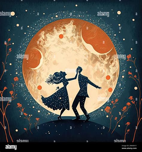 A Dreamy Illustration Of A Couple Dancing Under A Full Moon And Stars