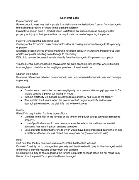 Economic Loss Notes Tort Economic Loss Pure Economic Loss Pure