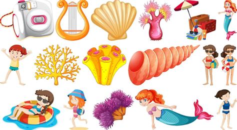 Set of summer beach objects and cartoon characters 4319485 Vector Art at Vecteezy