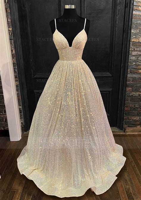 Princess A Line V Neck Spaghetti Straps Long Floor Length Sequined Prom