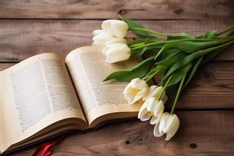 Premium Ai Image Open Bible With Tulip Flowers On Light Wood Created