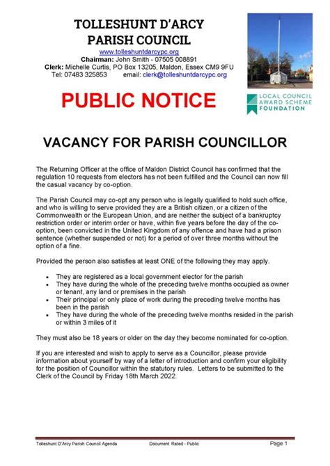 PARISH COUNCILLOR VACANCY Tolleshunt D Arcy Parish Council