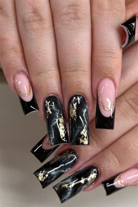 Black Marble Nails with Gold Foil