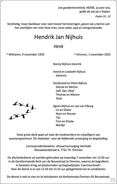 Hendrik Jan Henk Nijhuis 01 11 2022 Overlijdensbericht En