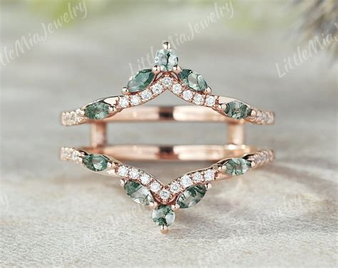 Unique Moss Agate Ring Enhance Rose Gold Moissanite Double Curved