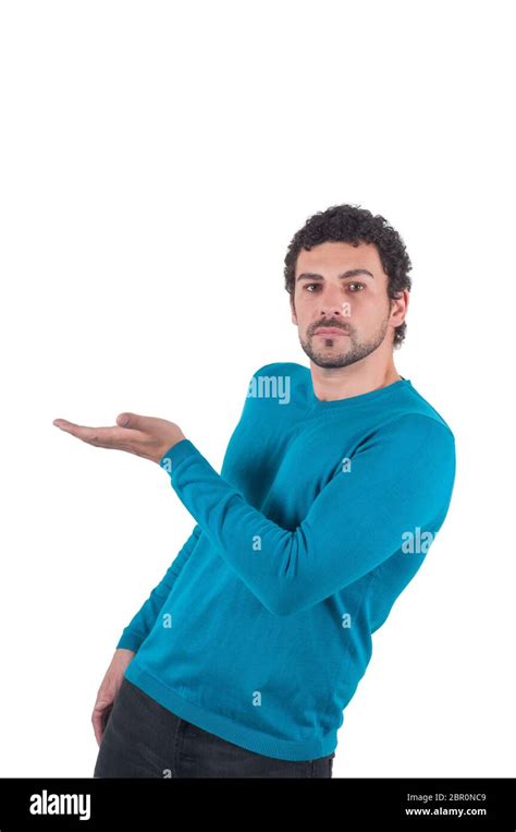 Guy In Blue Pointing To Somewhere Isolated On White Stock Photo Alamy