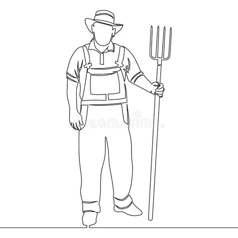 Continuous Line Drawing Male Farmer Holding Pitchfork Concept Stock