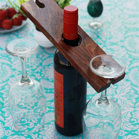 Wooden Wine Bottle And Glass Holder Portable Wine Caddy Bar Accessories Woodgeekstore