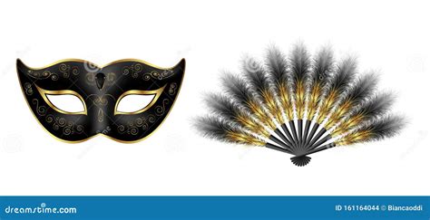 Black Carnival Venetian Mask Masquerade Feather Fan With Gold Ornament