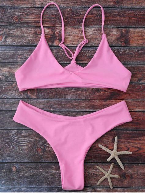 Off Spaghetti Strap Thong Bikini Set In Pink Zaful