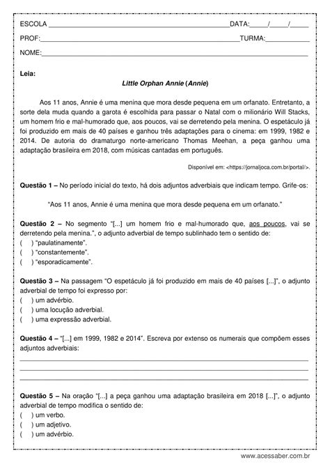 Atividade De Portugu S Adjuntos Adverbiais De Tempo Ano